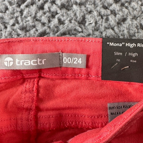 TRACTR MONA Bright Orange Coral High Rise Stretch Cut Off Crop Jeans Sz 0/25 NWT - Picture 9 of 11